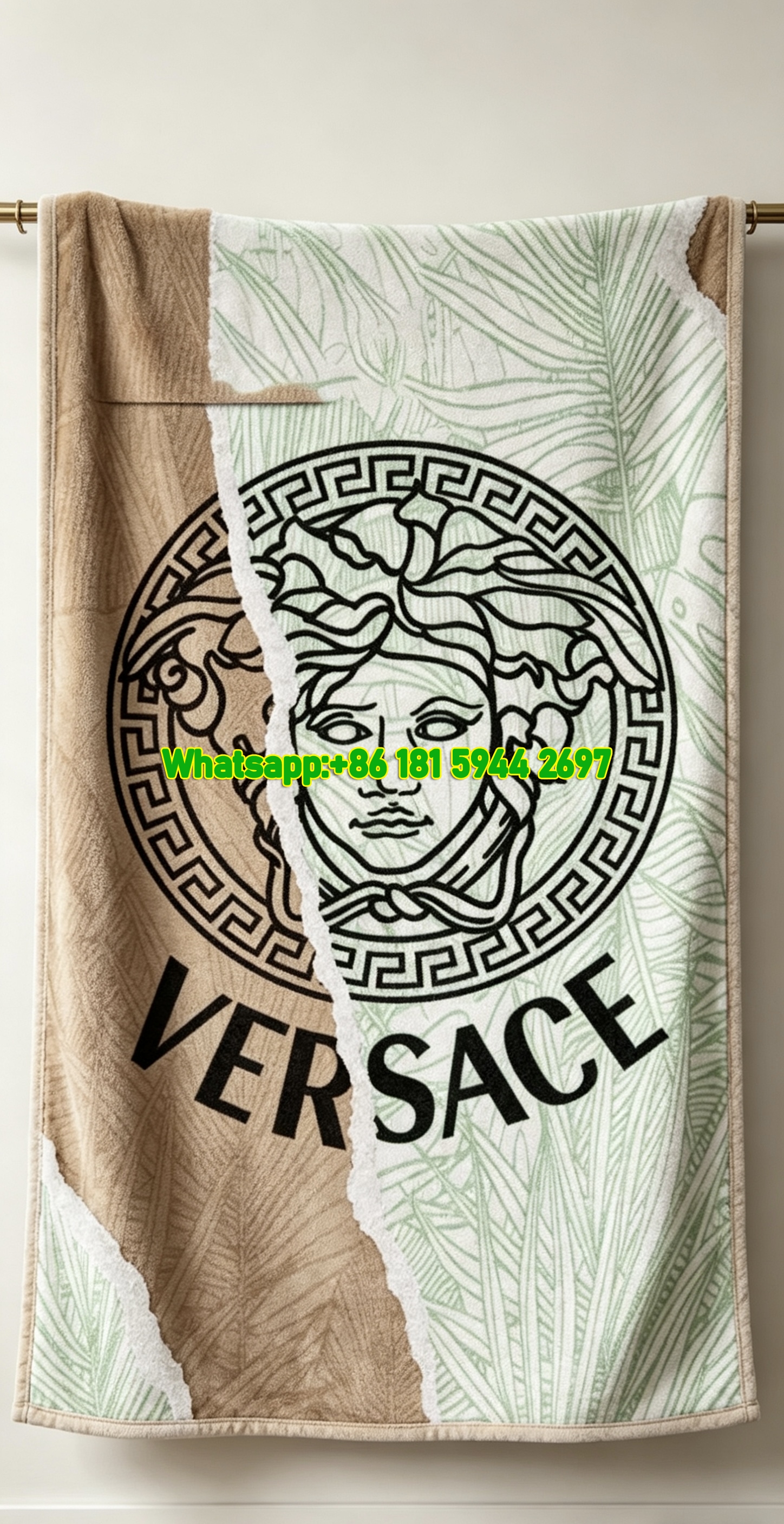 Earthy Brown and Sage Green Versace Torn Paper Print Fleece Throw Blanket IMG_1383
